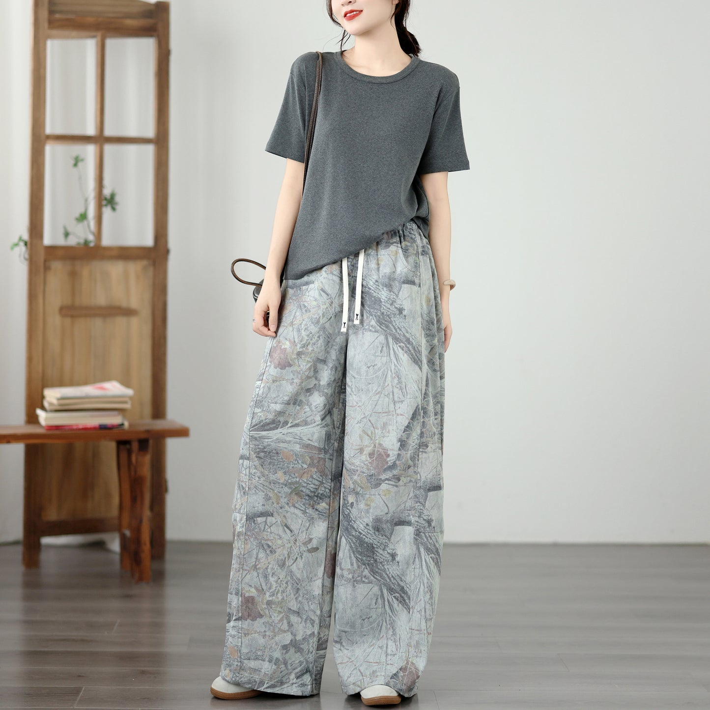 Women's Wide Leg Jeans Lightweight Wasited Elastic Print Y2K Pants - LAI MENG FIVE CATS