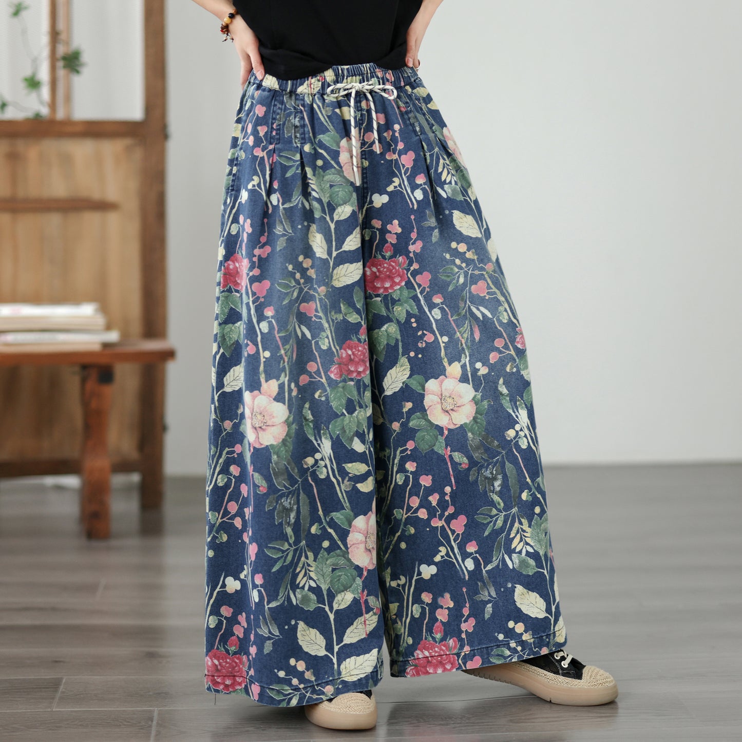 Women's Wide Leg Jeans Baggy Floral Wasited Elastic Pants - LAI MENG FIVE CATS