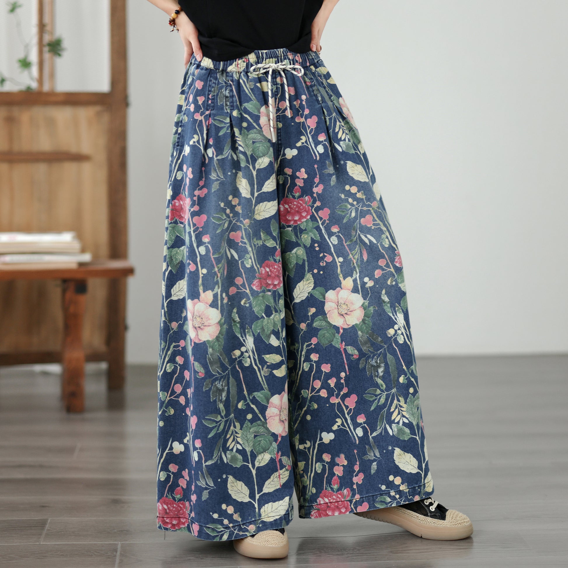 Women's Wide Leg Jeans Baggy Floral Wasited Elastic Pants - LAI MENG FIVE CATS