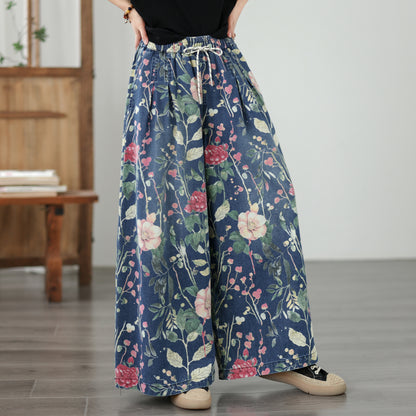 Women's Wide Leg Jeans Baggy Floral Wasited Elastic Pants - LAI MENG FIVE CATS