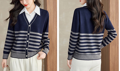 Women's Striped Sweater 2 in 1 Lapel Knit Pullover