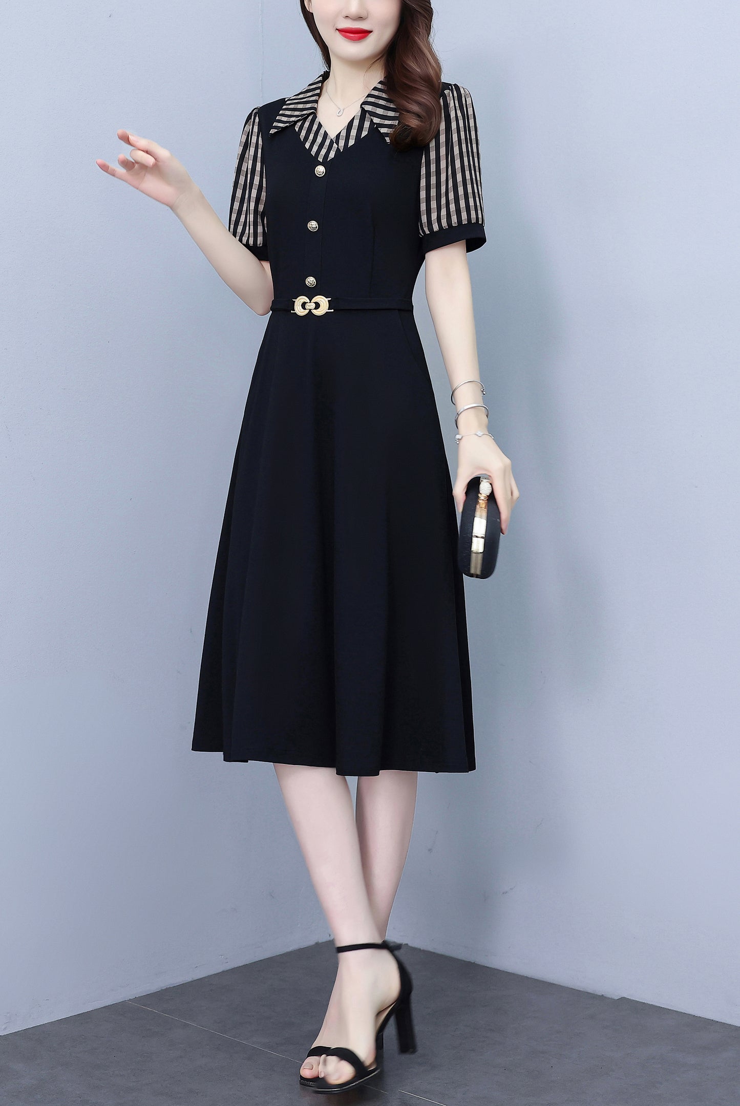 Women's Lapel V-Neck Pocket Short Sleeve Midi Dress - LAI MENG FIVE CATS