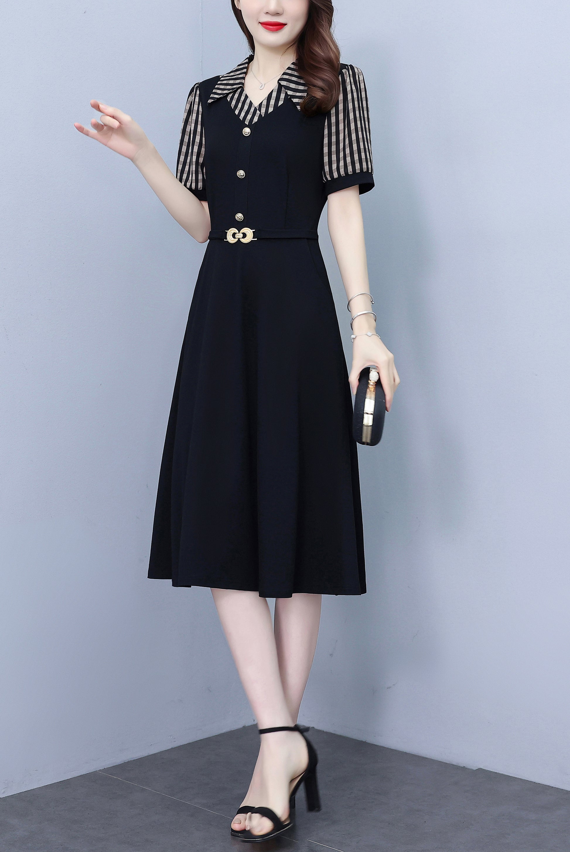 Women's Lapel V-Neck Pocket Short Sleeve Midi Dress - LAI MENG FIVE CATS