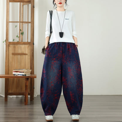 Vintage Print Denim Jeans for Women - High-Waisted, Loose-Fit Harem Pants