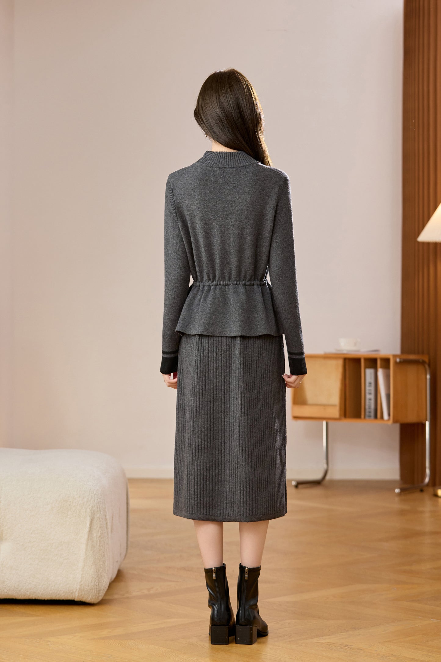 Women's Mock Neck Wool Sweater Drawstring Waist Dress