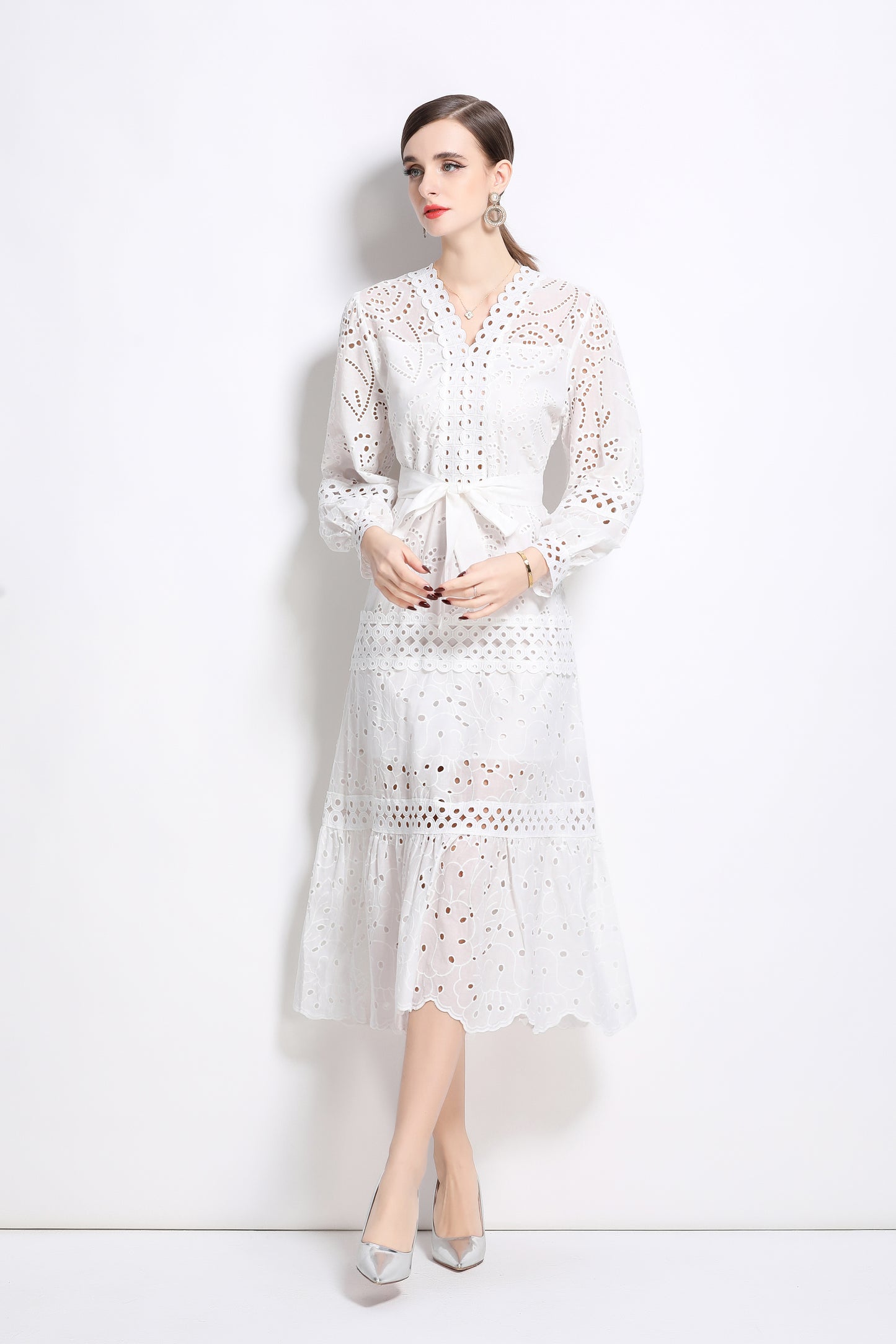 V-Neck Puff Sleeves Hollow Lace Midi Dress