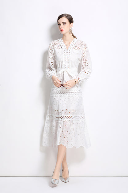 V-Neck Puff Sleeves Hollow Lace Midi Dress