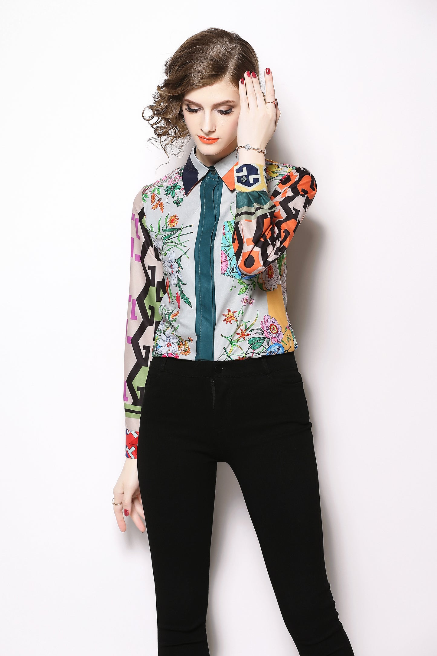 ESY-Women's Shirt Print Long Sleeve Button Blouse