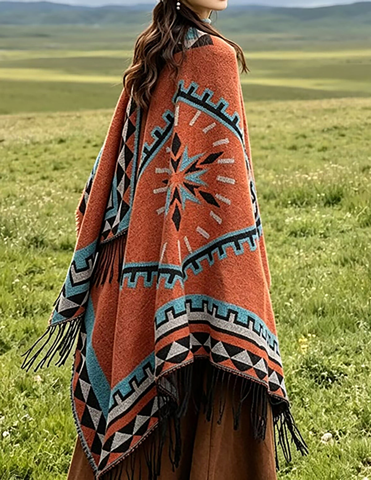 28690-Women's Printed Fringe Travel Shawl – Rust & Teal - LAI MENG FIVE CATS