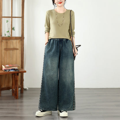 Vintage Embroidered Wide Leg Jeans with Elastic Waist Denim Pants
