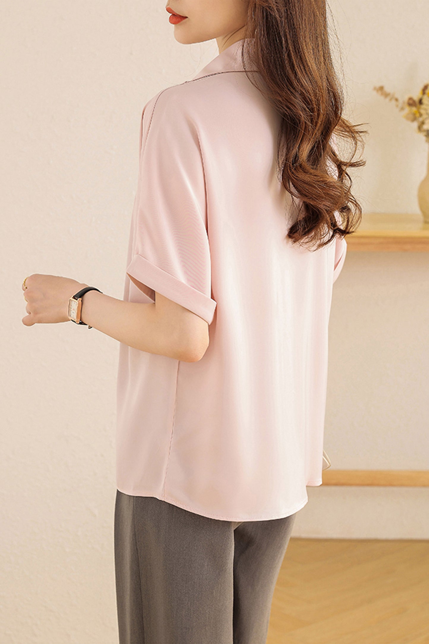 Summer Pink Tie Neck Button-up Blouse Tops