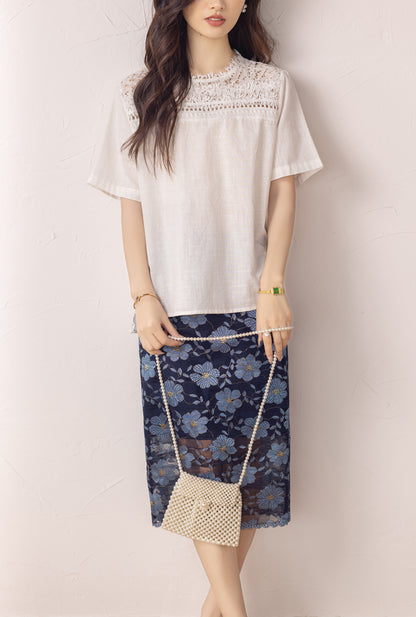 Women's Hollow Lace Short Sleeve Blouse Tops