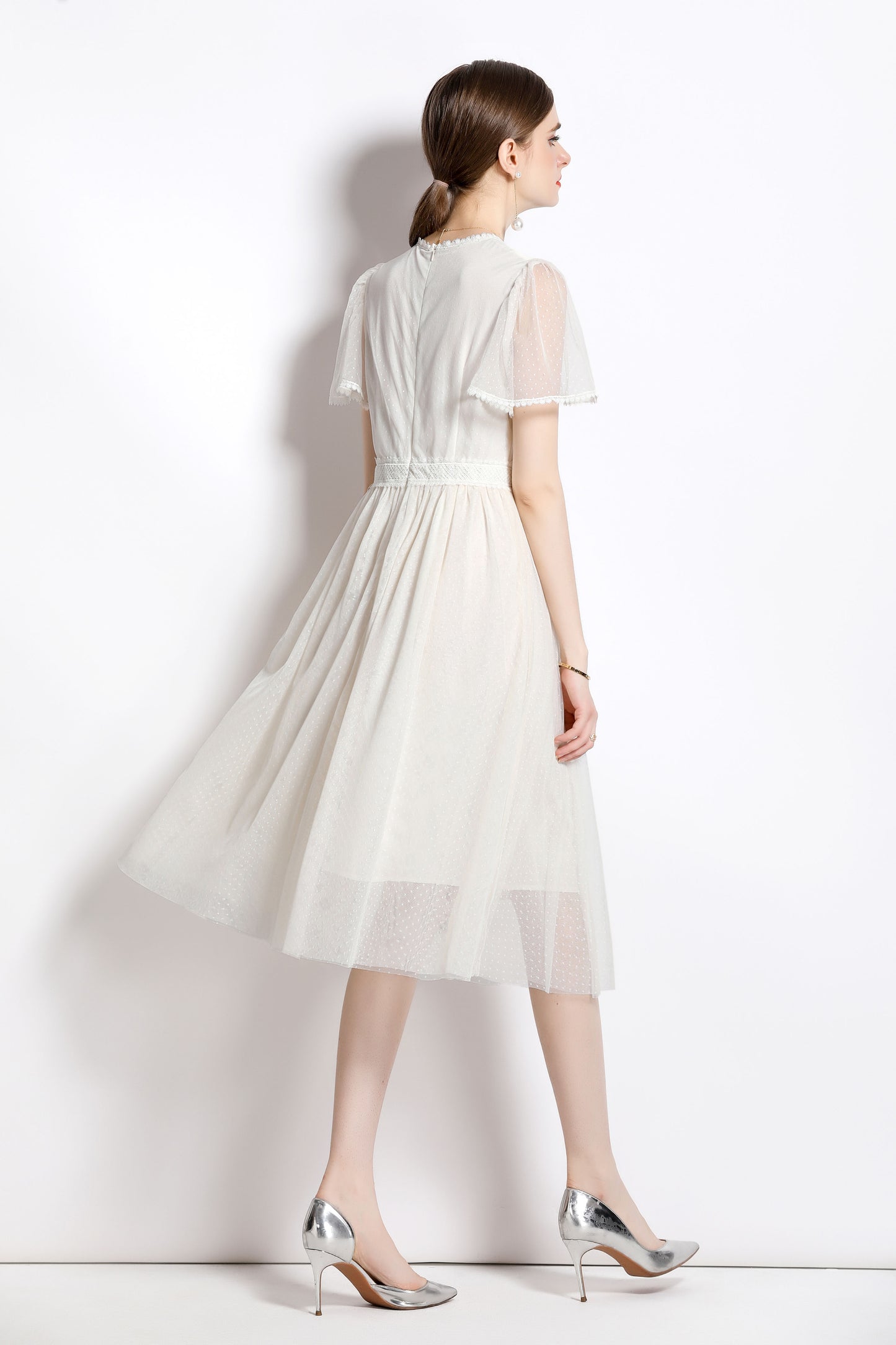 White Vintage Elegant Mesh Embroidered Midi Dress