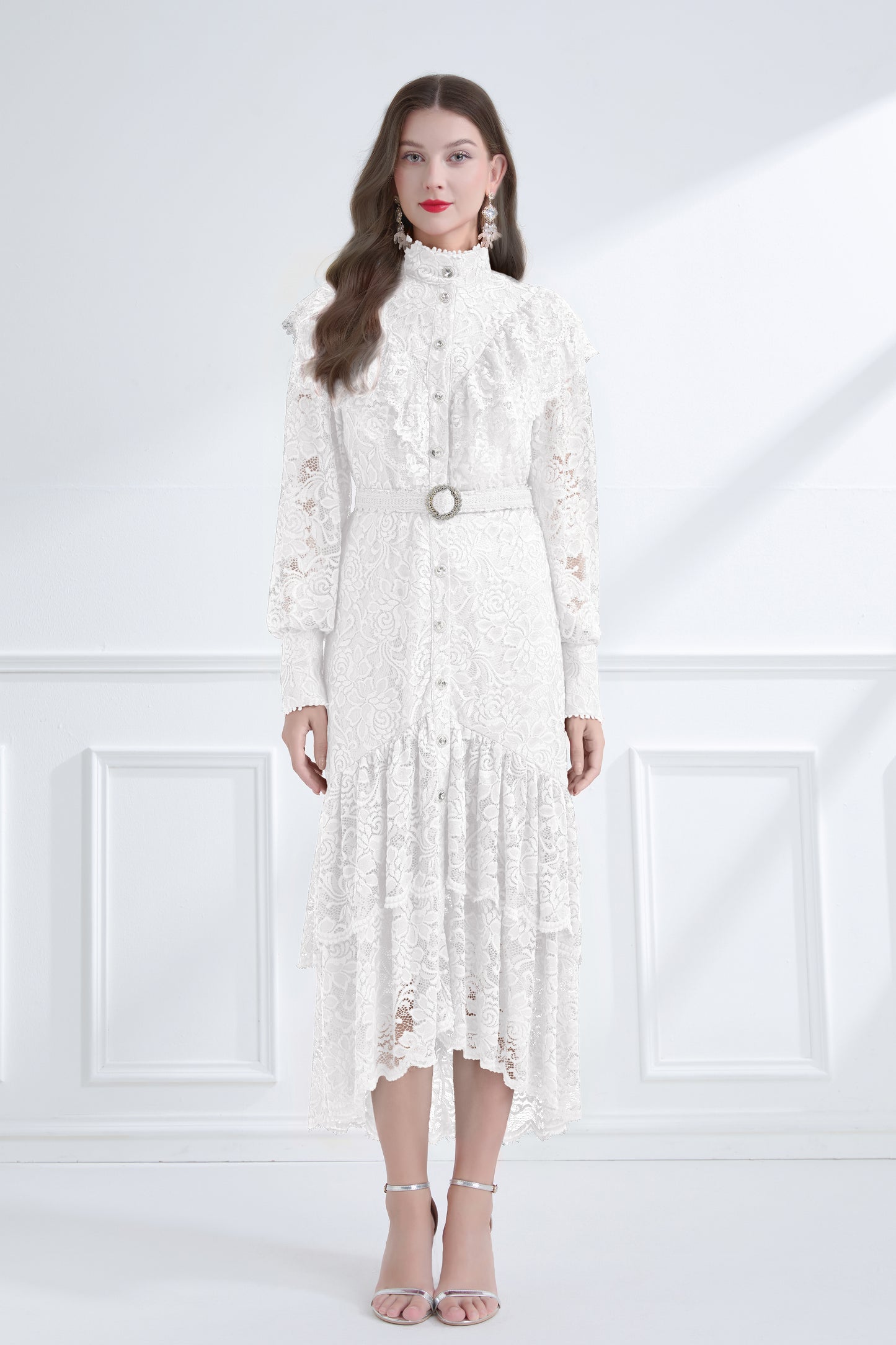 Women's Lace High Neck Ruffles Fishtail Maxi Dress