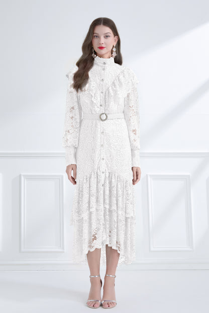 Women's Lace High Neck Ruffles Fishtail Maxi Dress