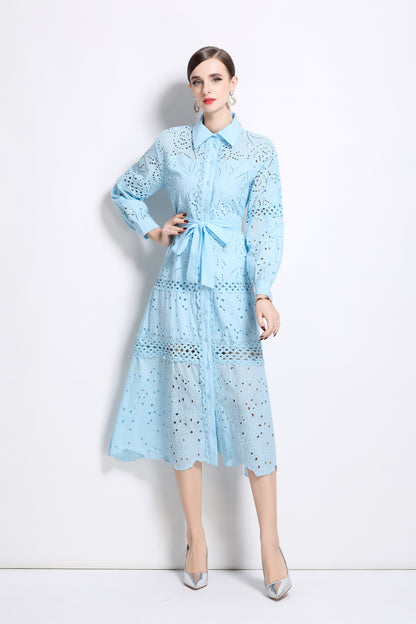 Puff Sleeves Shirt Collar Midi Dress