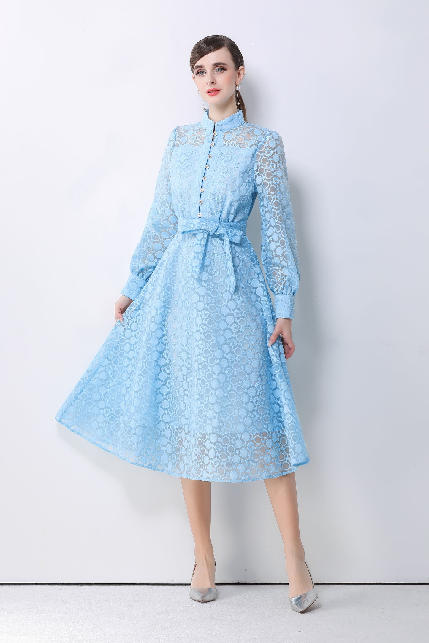 Women's Lace Lantern Sleeve Button Midi Dress