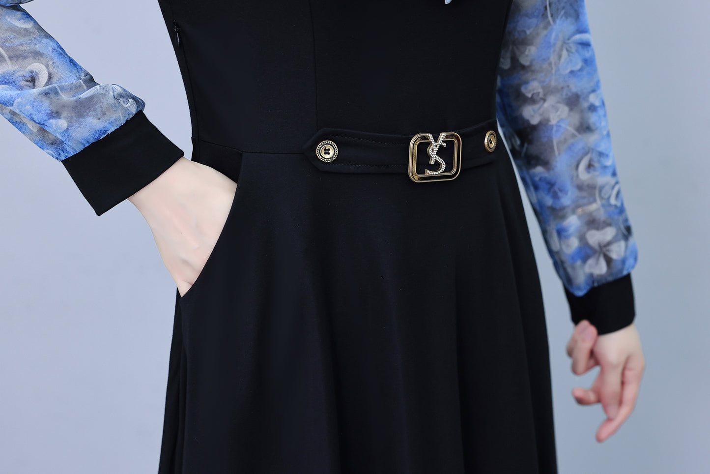 Women's V-Neck Long Sleeve Patchwork Black Dress
