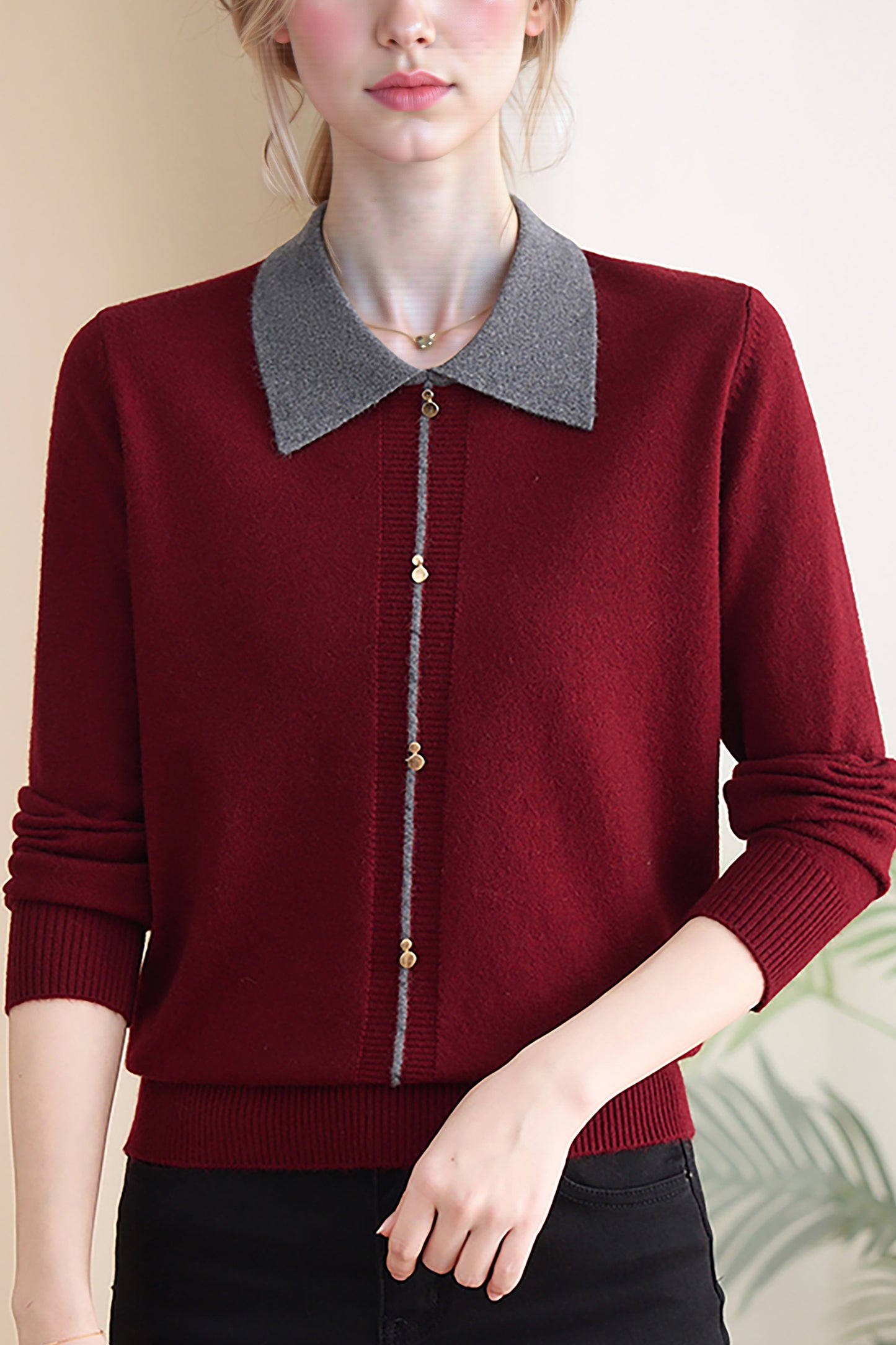 Women's Contrast Collar Cropped Sweater Shirt