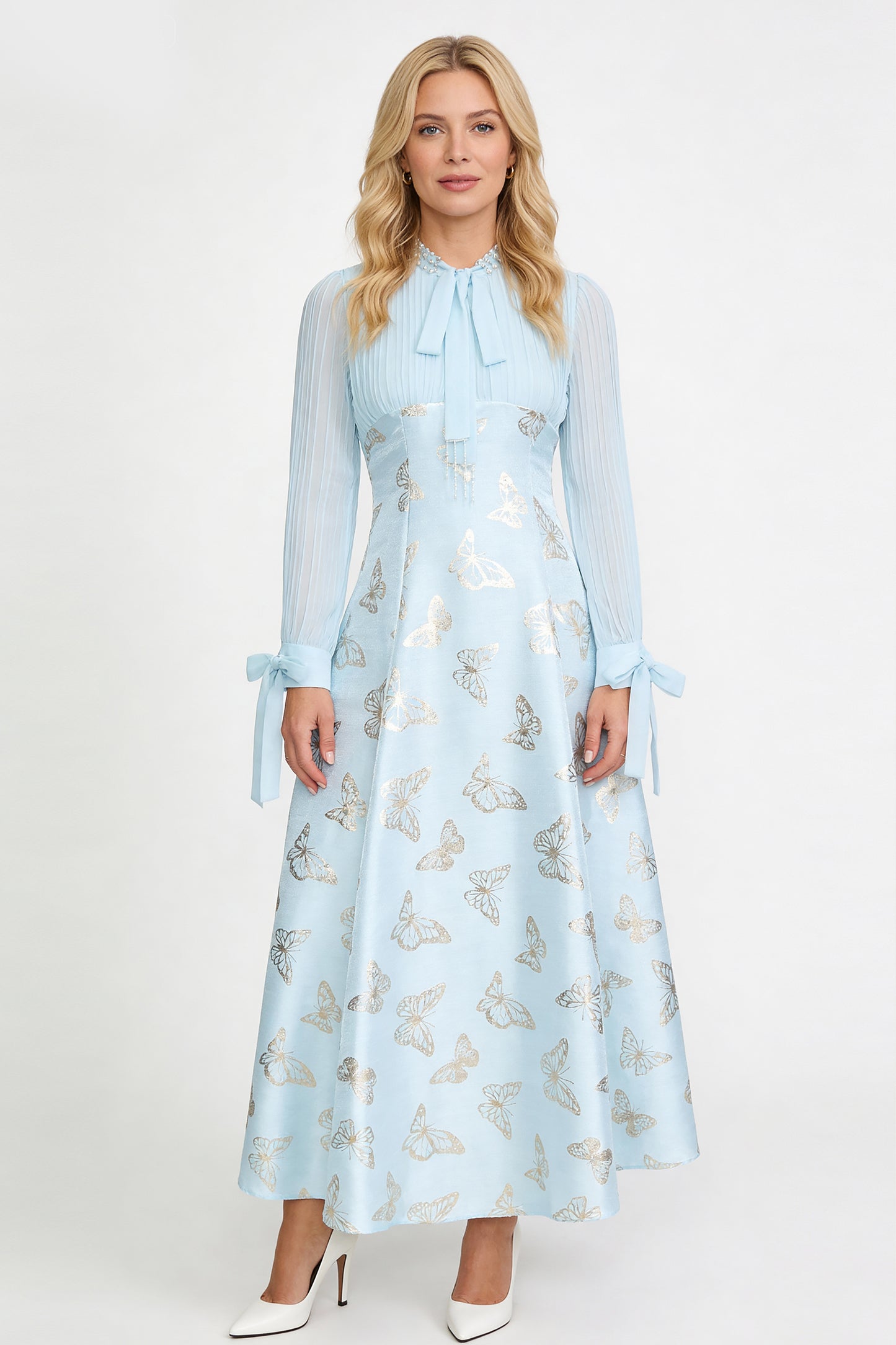Women's Tie-neck Pleated Top Satin Gilded Party Long Dress - LAI MENG FIVE CATS