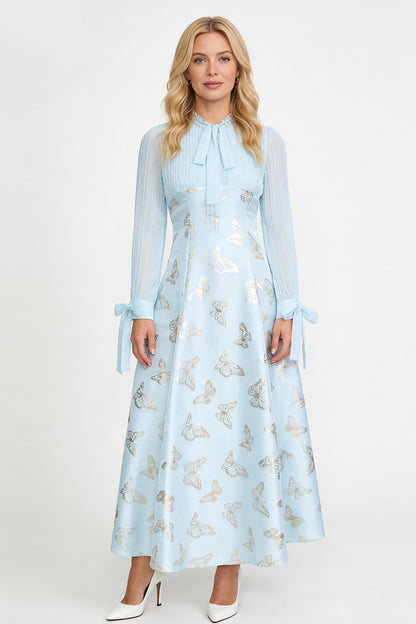 Women's Tie-neck Pleated Top Satin Gilded Party Long Dress - LAI MENG FIVE CATS
