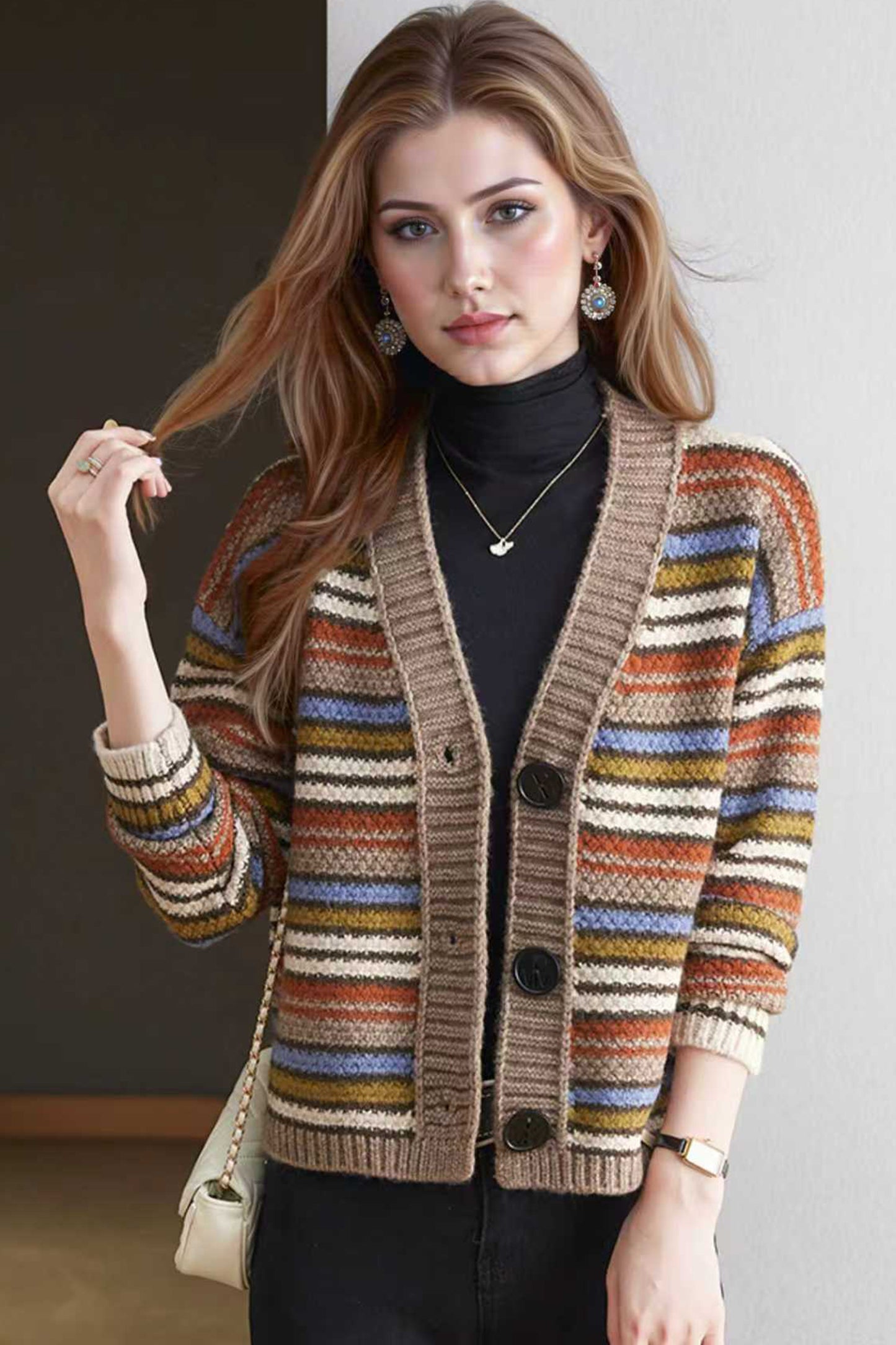 Women's Striped Cable Knit Sweater Cardigan Outerwear