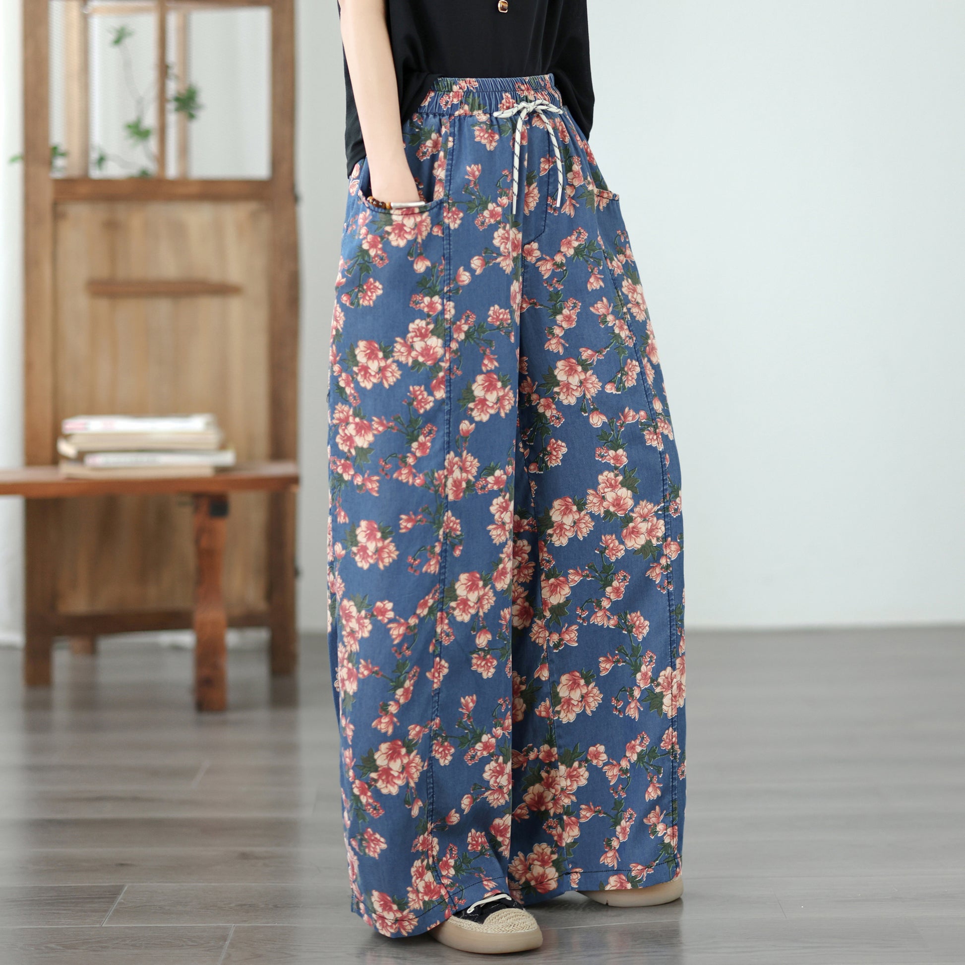 Women's Wide Leg Jeans Lightweight Wasited Elastic Print Y2K Pants - LAI MENG FIVE CATS