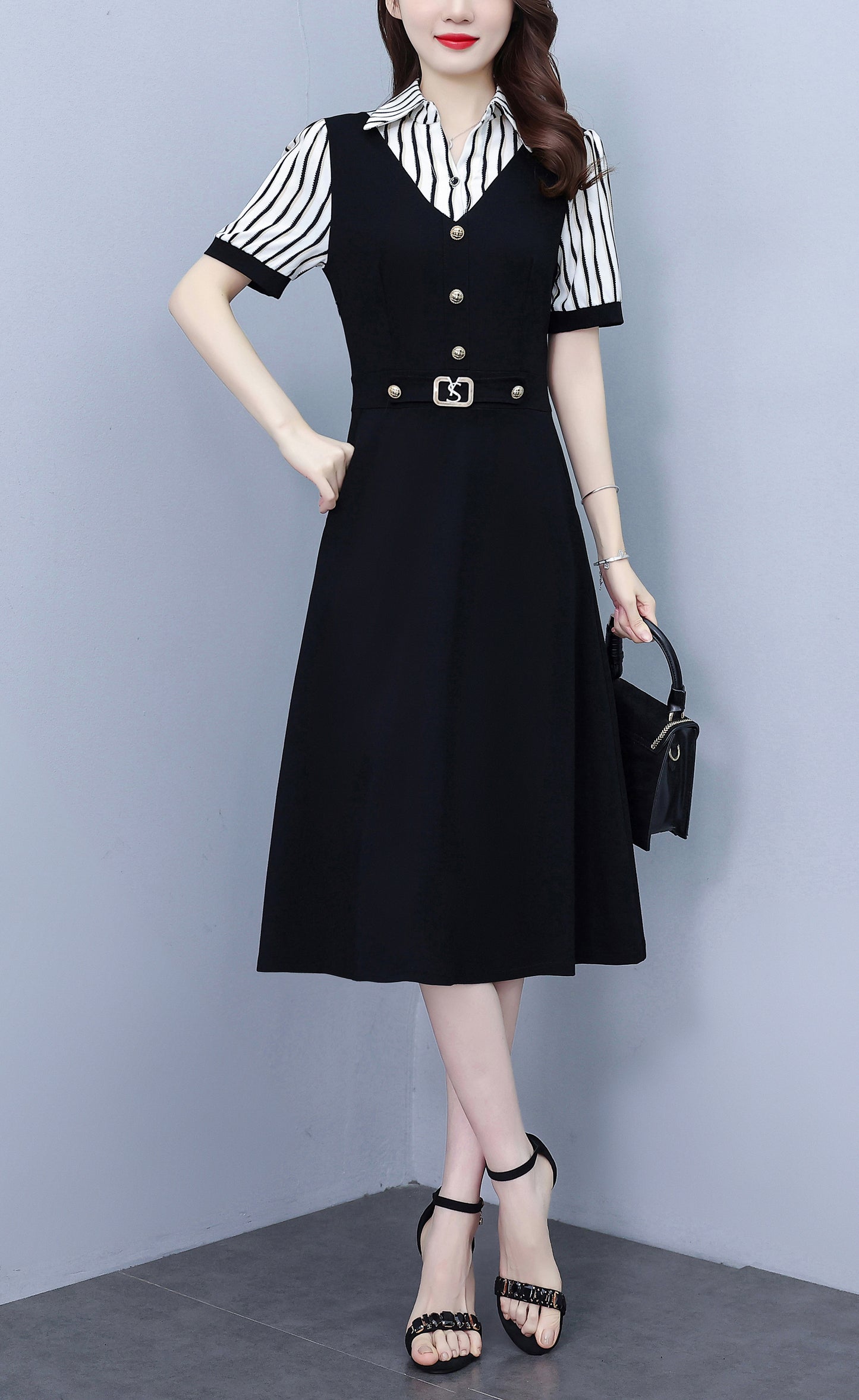 Women's Lapel V-Neck Pocket Short Sleeve Midi Dress - LAI MENG FIVE CATS
