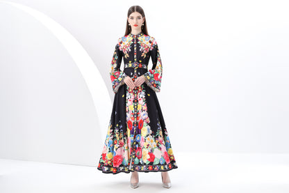 Women's Printed Button Flared Long Sleeves Maxi Dress