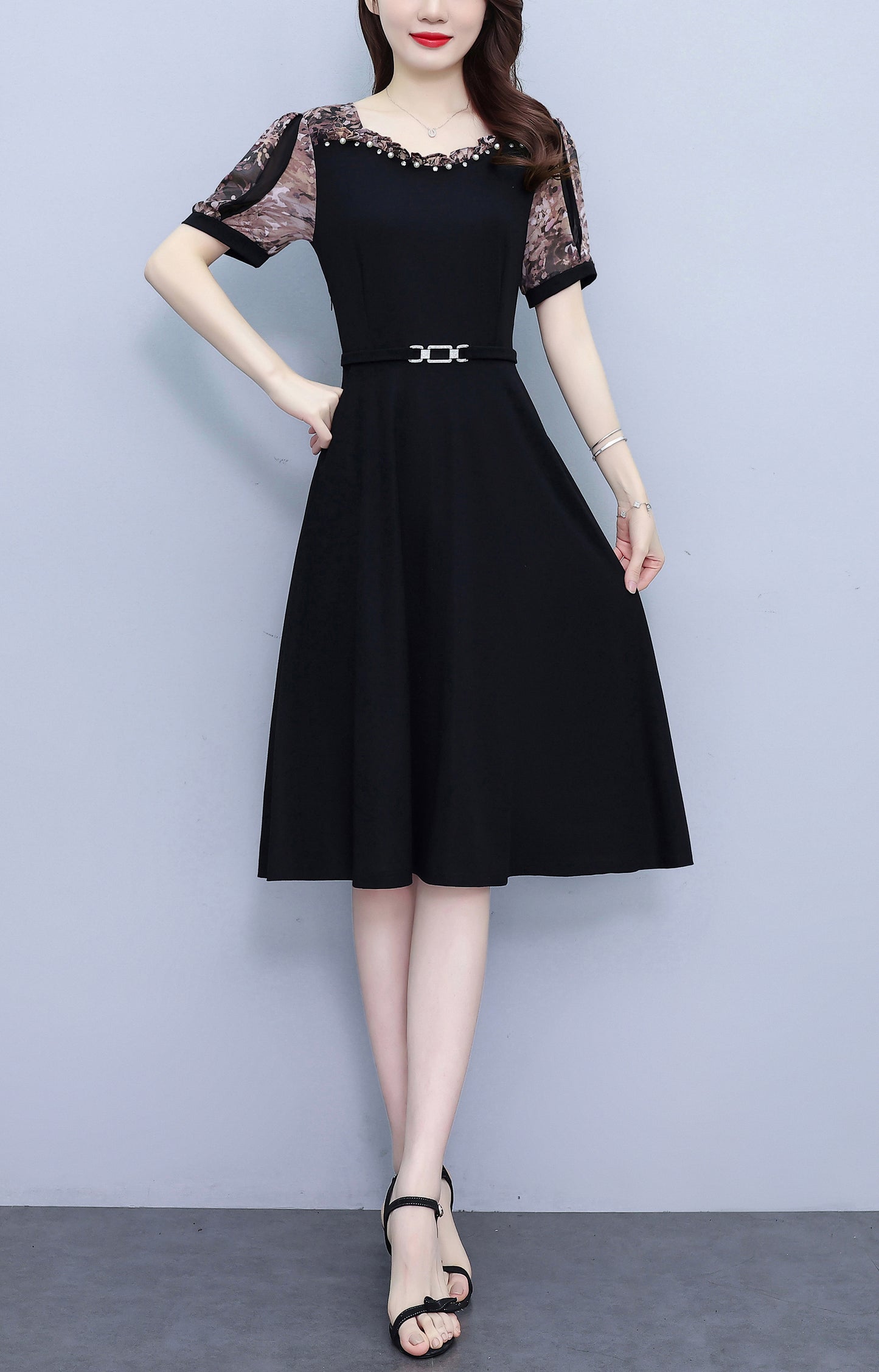 Women's Short Sleeve Pocket A-line Stretch Midi Dress
