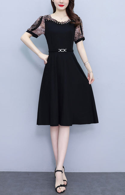 Women's Short Sleeve Pocket A-line Stretch Midi Dress