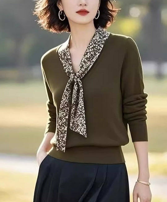 Women's Tie V-Neck Sweater Solid Color Pullover Tops