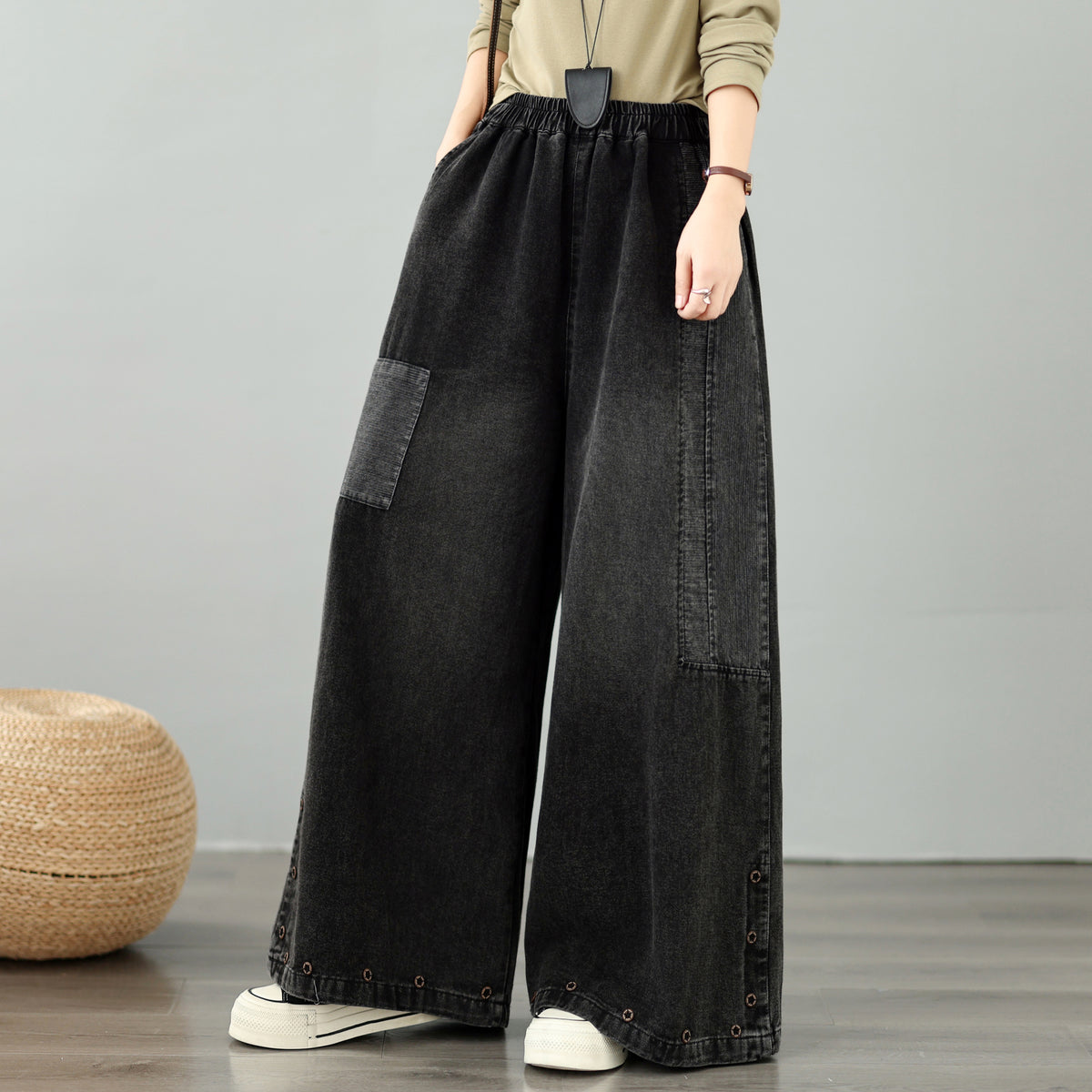 28667-Vintage Denim Wide-Leg Pants with Buttons Trim & Patch Pockets