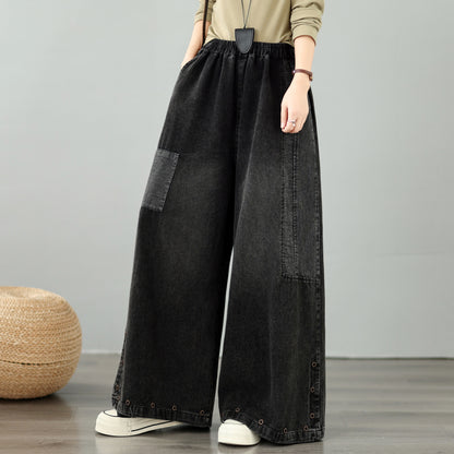 28667-Vintage Denim Wide-Leg Pants with Buttons Trim & Patch Pockets