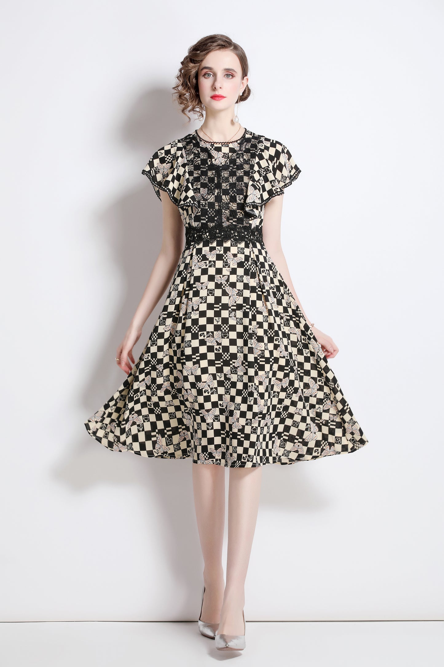 SSY-Women's Boho Floral Ruffle Chiffon Lace Midi Dress