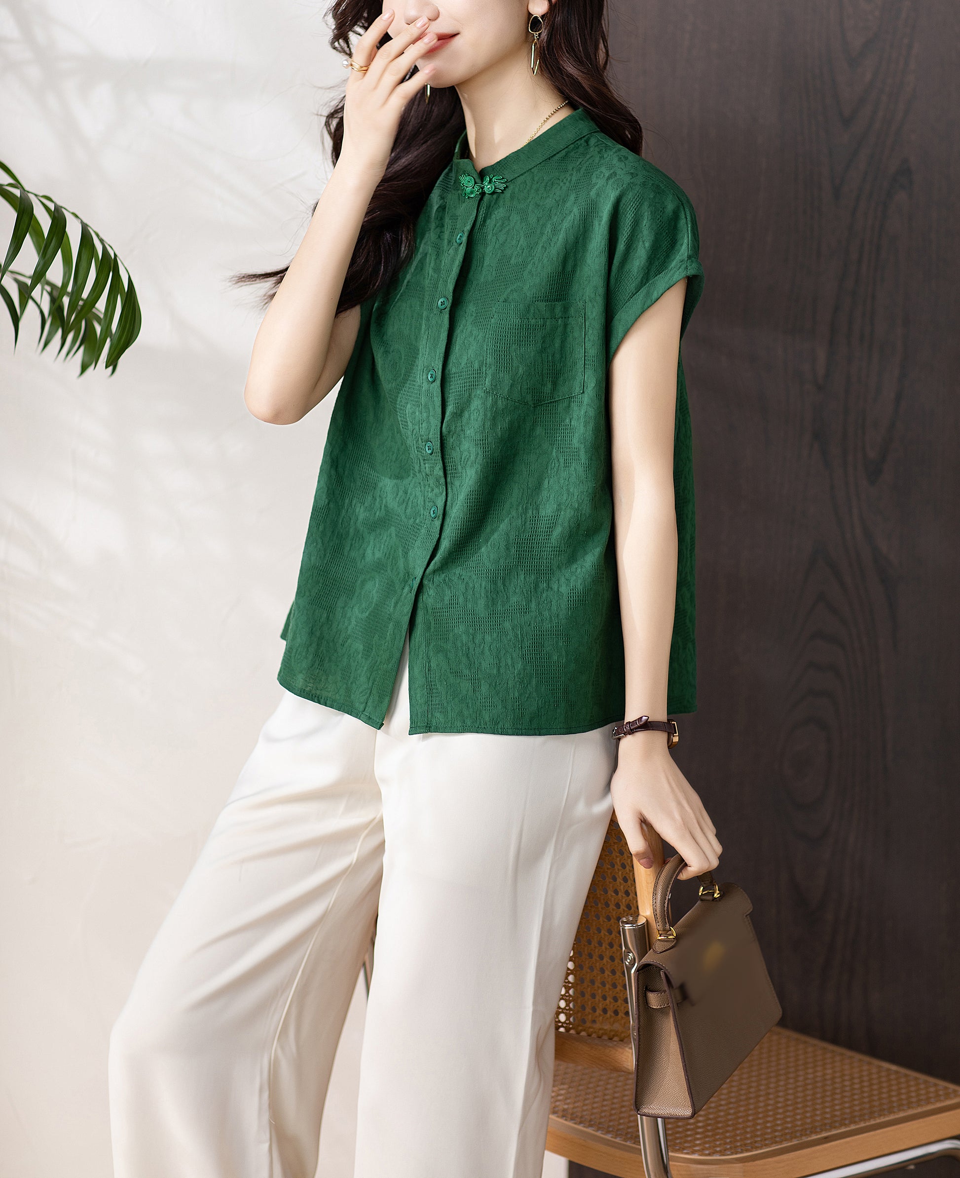 Women's Button Cap Sleeve Mandarin Collar Blouse Top - LAI MENG FIVE CATS
