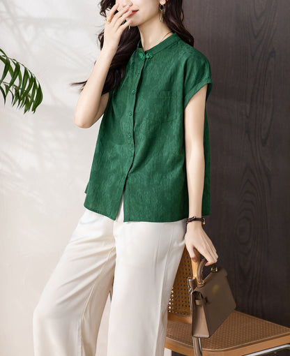 Women's Button Cap Sleeve Mandarin Collar Blouse Top - LAI MENG FIVE CATS