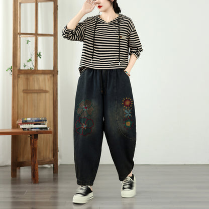 Boho Loose Fit Embroidered Baggy Jeans with Floral Details