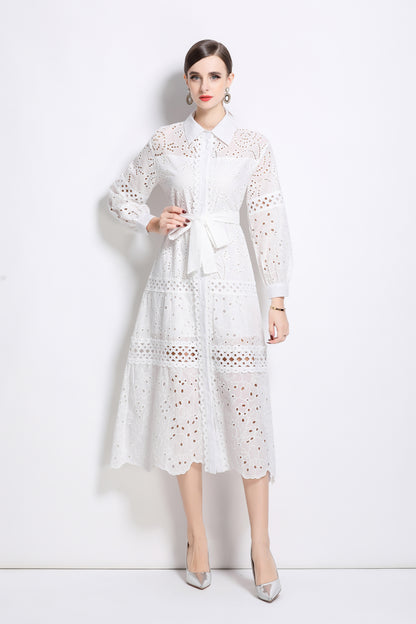 Puff Sleeves Shirt Collar Midi Dress