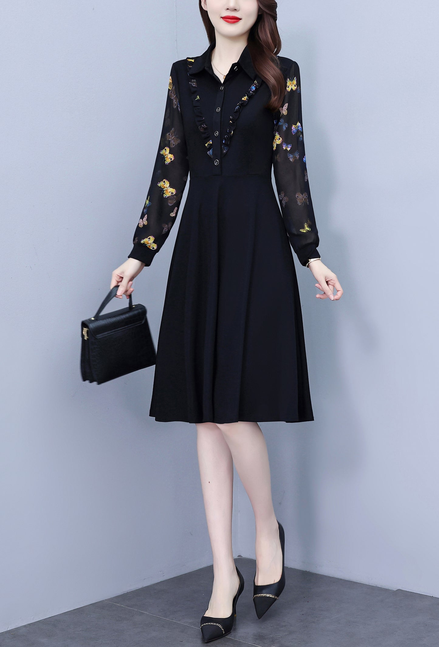 Women's V-Neck Long Sleeve Floral Print Black Dress