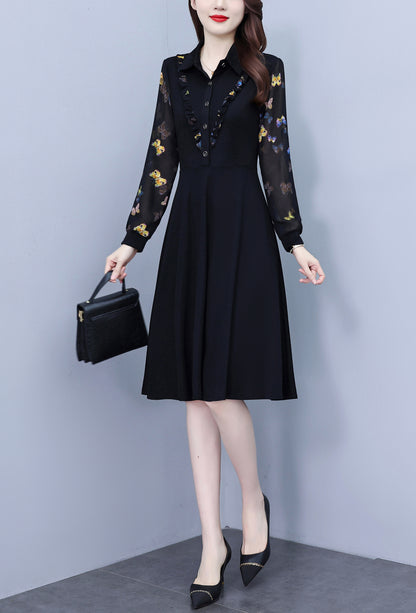 Women's V-Neck Long Sleeve Floral Print Black Dress