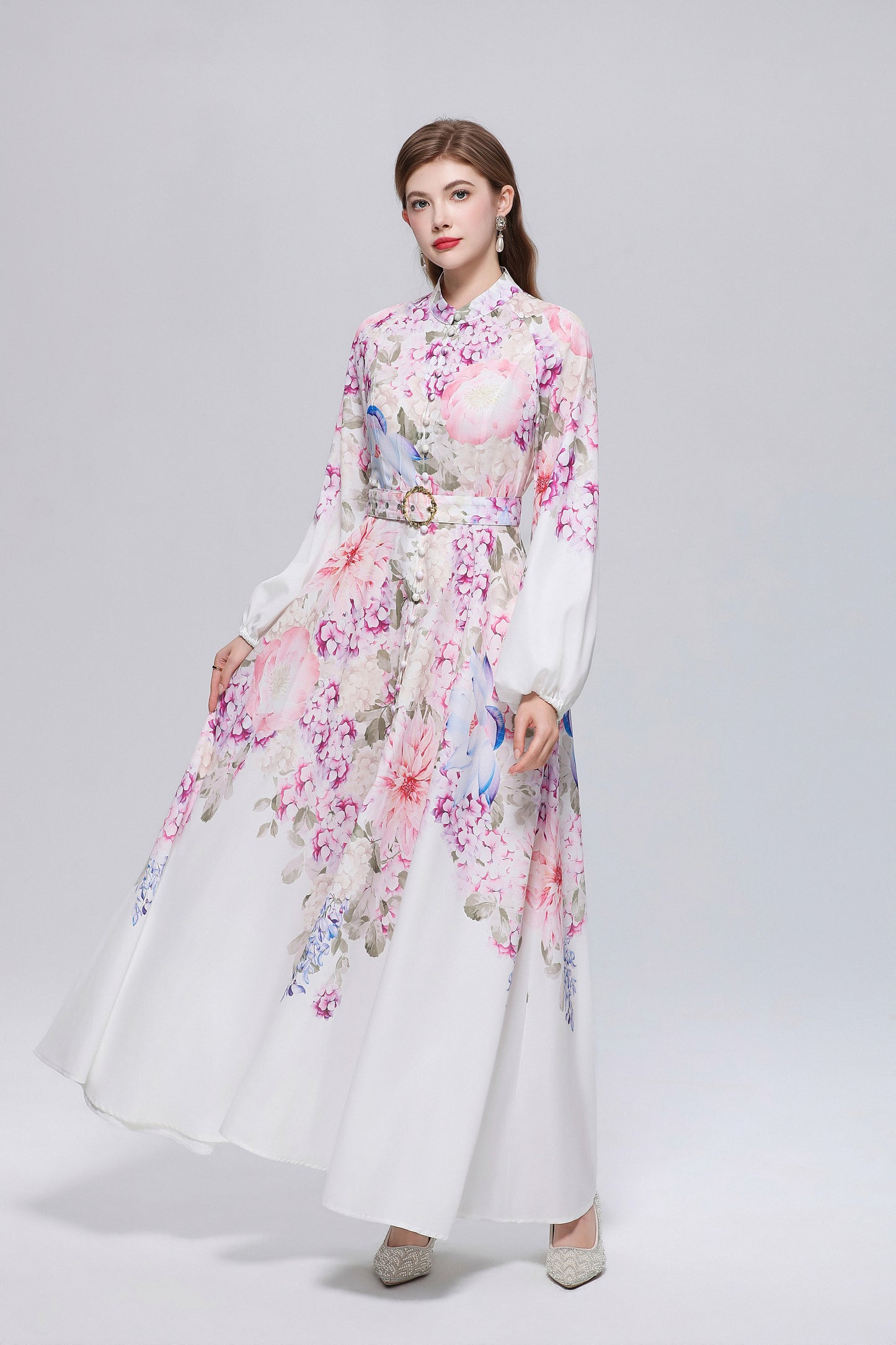 26-Women Floral Print Button Flowy Maxi Belt Dress - LAI MENG FIVE CATS