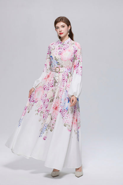 26-Women Floral Print Button Flowy Maxi Belt Dress - LAI MENG FIVE CATS