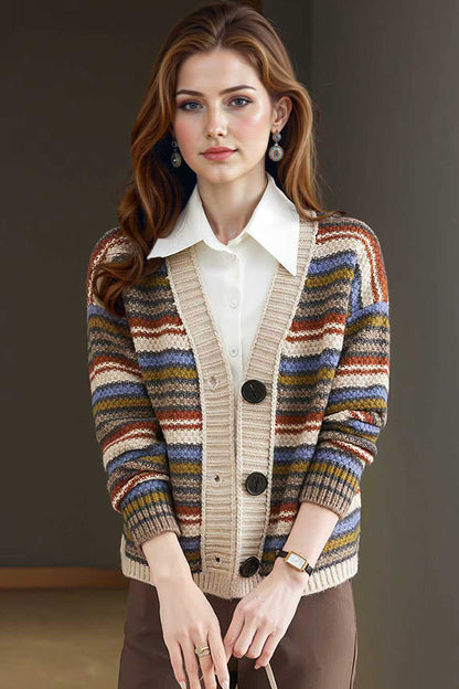 Women's Striped Cable Knit Sweater Cardigan Outerwear