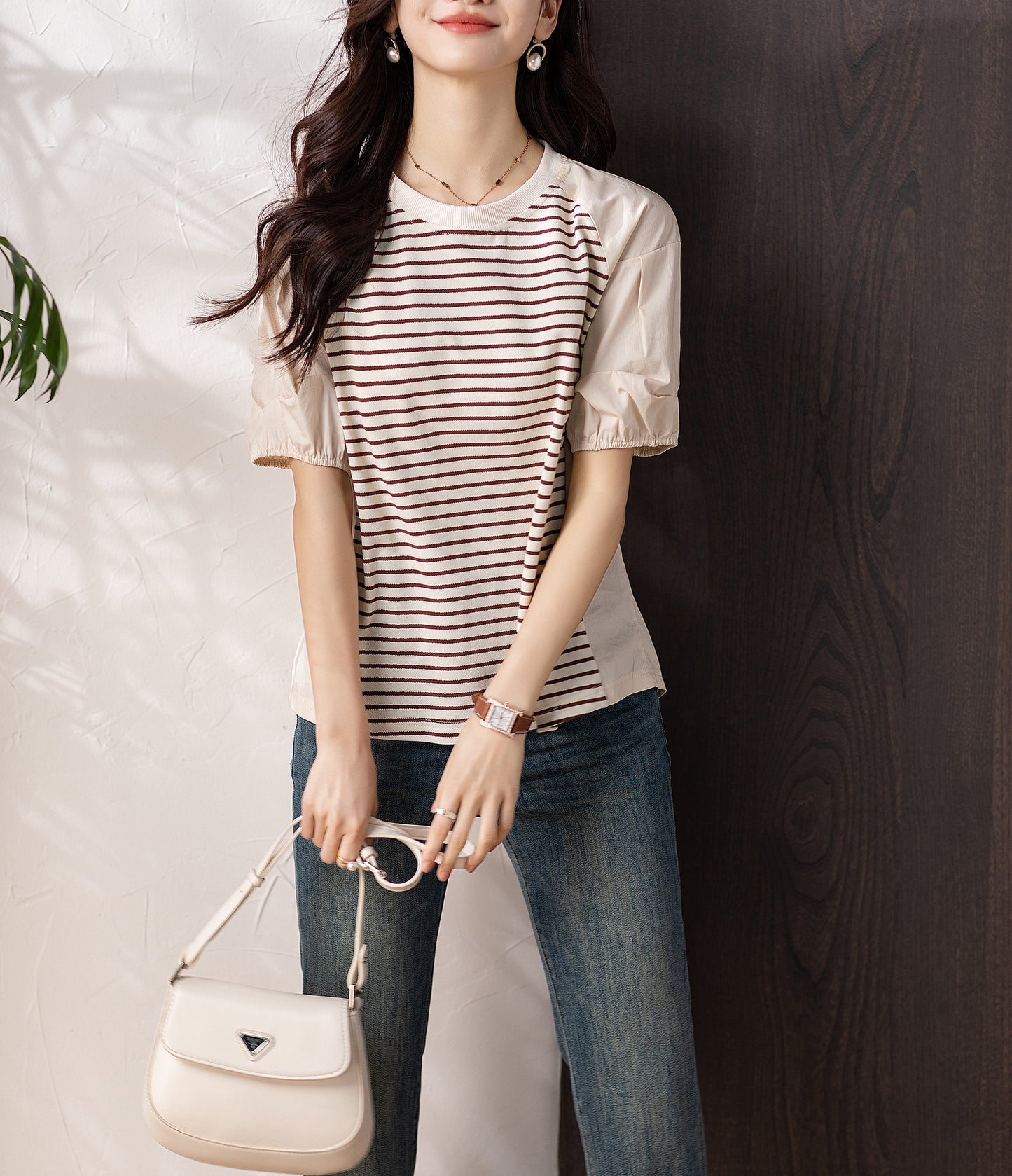 Women's Stripe Short Sleeve Patchwork Blouse
