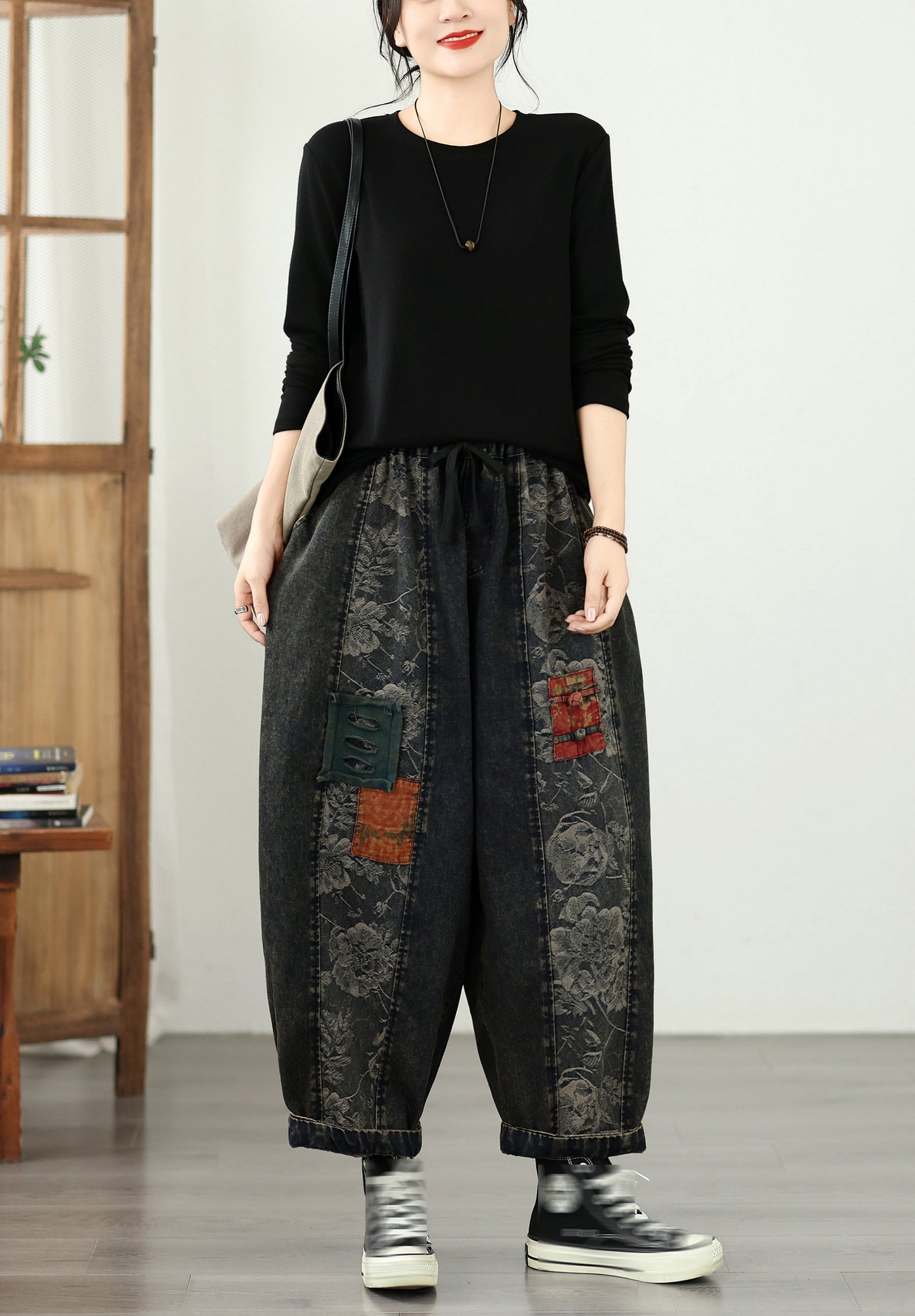 Retro Boho Patchwork Floral Print Denim Harem Pants