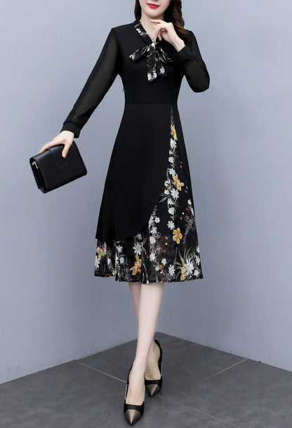Women's V-Neck Long Sleeve Patchwork Black Dress