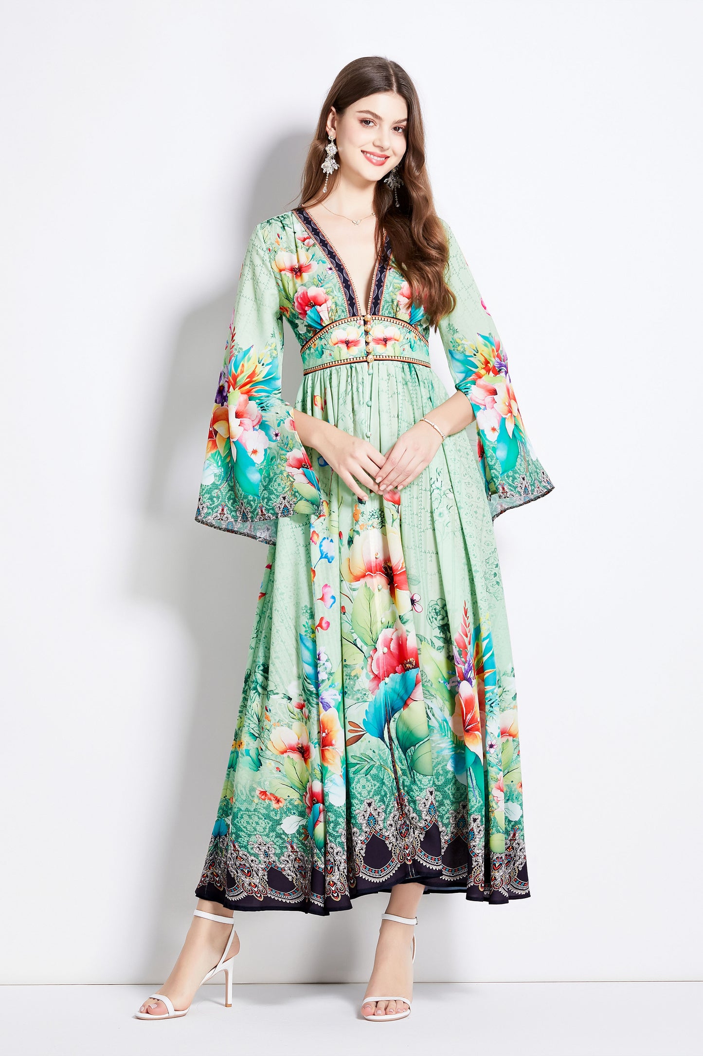 Womens Summer Flared Long Slit Sleeve Floral Print Deep V Neck Front Slipt Maxi Dress