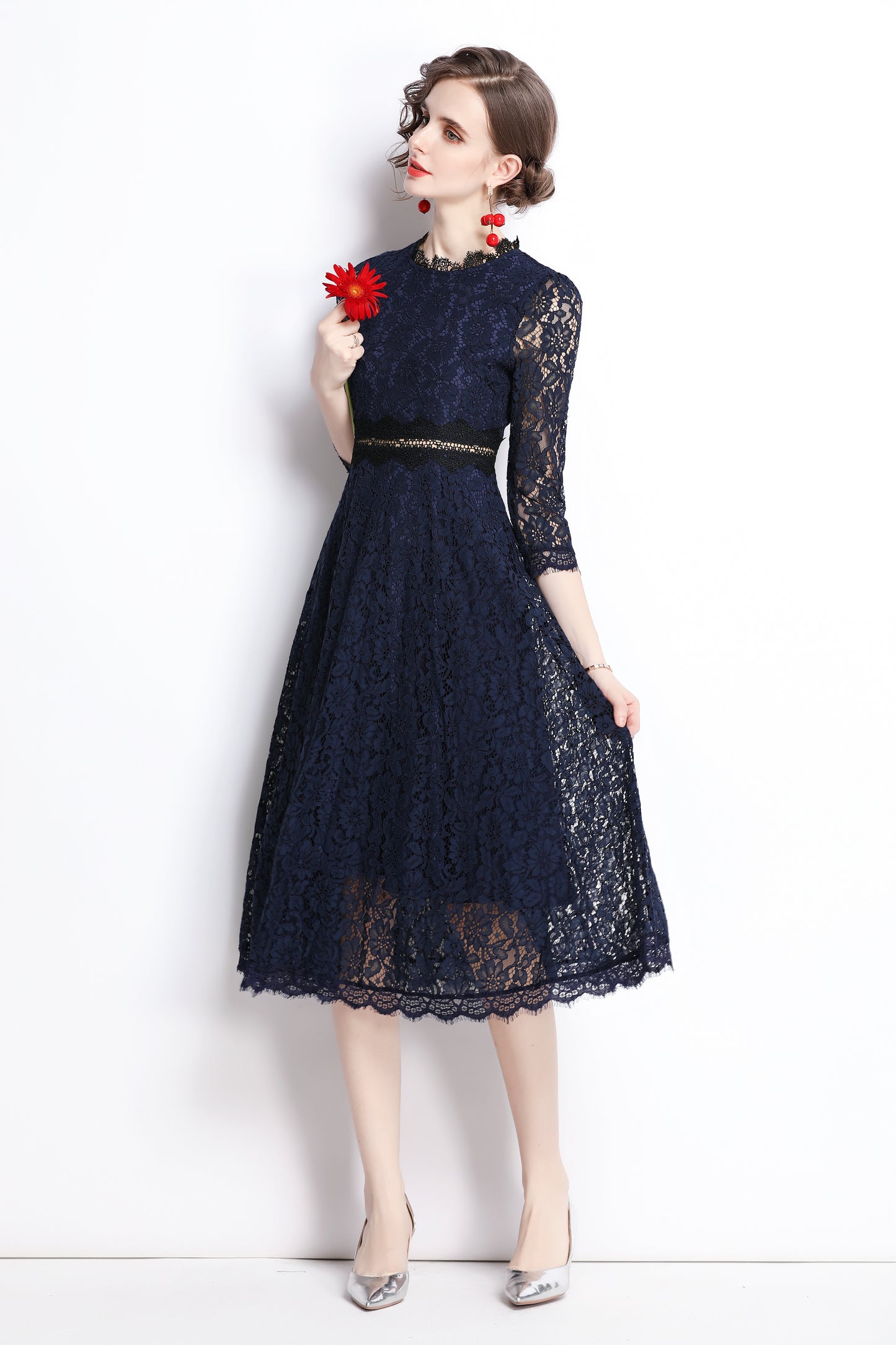 SSY-Women's 3/4 Sleeve Floral Lace Cocktail Midi Dress