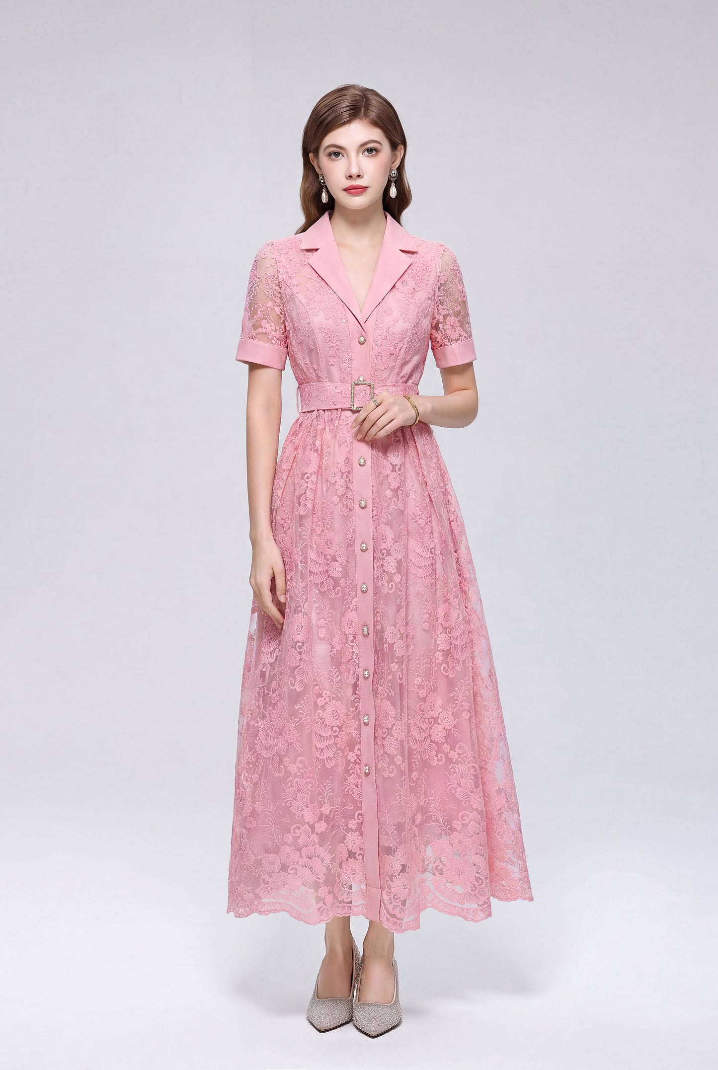V Neack Lace Midi Dress with Belt